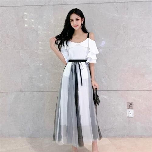 JSXDHK Summer Women Slash Neck Chiffon Flare Sleeve Sexy White Shirt 2 Piece Set And Elegant Mesh Hit Color Long Skirts Suit