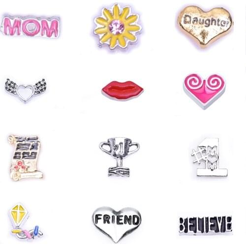 20Pcs/Lot Mom Letter Daughter Flower Friend Believe Mouth Heart Kite Prize Alloy Floating Charms Hand-made DIY for Glass Lockets