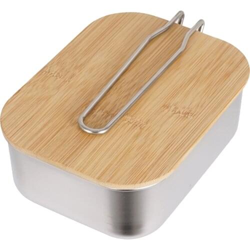 304 Stainless Steel Outdoor Camping Lunch Box Folding Handle with Dual Use Bamboo Wood Cutting Board Cover Barbecue Picnic Ware