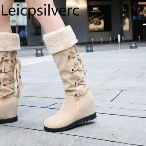 Womens Boots The New winter fashion Round head Lace-up Internal increase mid heel High tube Womens shoes plus size 32-43 black
