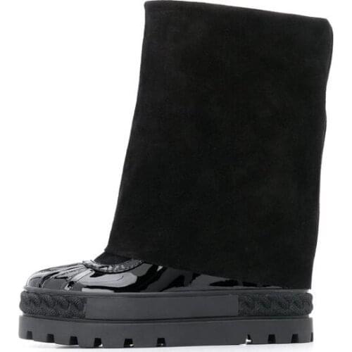 New Black Suede Fold Height Increasing 8 cm Wedge Boots Woman Double Side Patent Leather Round Toe Slip On Platform Booties