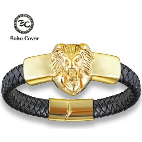 New PunkStyle Geunine Leather Buddha Charm bracelet men fine jewelry men stainless steel Lion Eagle bracelets bangles male femme