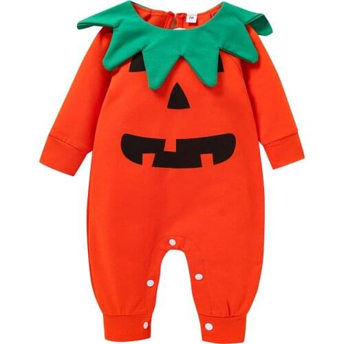 Newborn Halloween Autumn Cotton Ruffle Romper Baby Color Block Pumpkin Face Print Long Sleeve Round Neck Jumpsuit