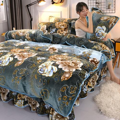 4pcs Set Winter Warm Thicken Short Plush Bedding Set Printing Flannel Duvet Cover Flat Sheet Pillowcase King Queen Bedding Set