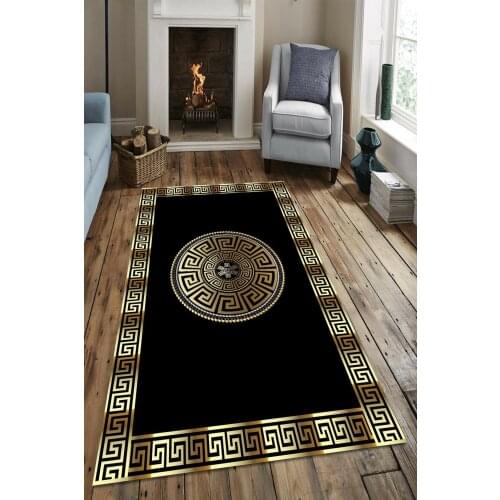 Black Gold Stripe Living Room Rug Slip-Resistant Faux Leather Sole Dust Stain resistant Foal Feather Fabric 11mm Thickness AntibakteriyelRunner Carpet