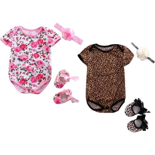 Newborn Toddler Baby Girls Boy Summer Lovely Romper 3PCS Short Sleeve Floral Leopard Print Jumpsuits+Headband+One Pairs Of Shoes