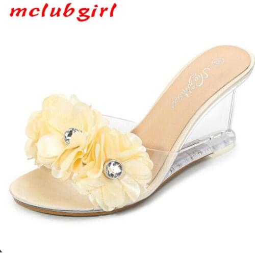Mclubgirl New High Heels Womens Summer Versatile Womens Shoes Flowers Simple Slope Heels Sandals Transparent Heels LFD