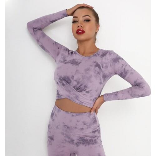 New cross fitting Yoga suit with bottom hem, matted nude tie dye top, sports long sleeve fitness suit open back top