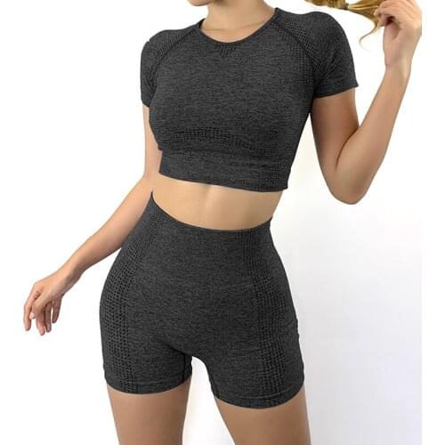 New Women 2 Piece Yoga Set Short Sleeve Workout Clothes for Women Fitness Clothing Yoga Shorts+Cropped Yoga Top Yoga Suit