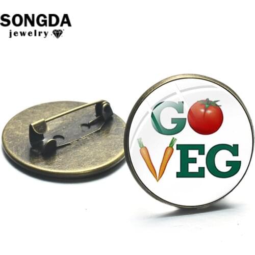 SONGDA Cartoon Vegan Creative Print Brooch Handmade Photo Glass Dome Metal Lapel Pins Button Vegetarian Special Badges Wholesale