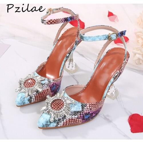 Pzilae 2020 New summer women shoes pointed toe ankle strap pumps women clear crystal cup high heel sandals snake print shoes