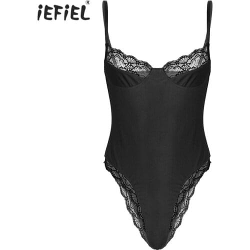 Gay Men Sissy Leotard Underwear Bodycon Bodysuit Overalls Catsuit Sleeveless Lace Trim Unlined Wireless Bra Lingerie Nightwear