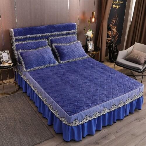 Thickened warm flannel Quilted quilt Bedspread Fitted Sheet Pillowcases 2/3pcs Pure color Lace embroidery Princess Bedding