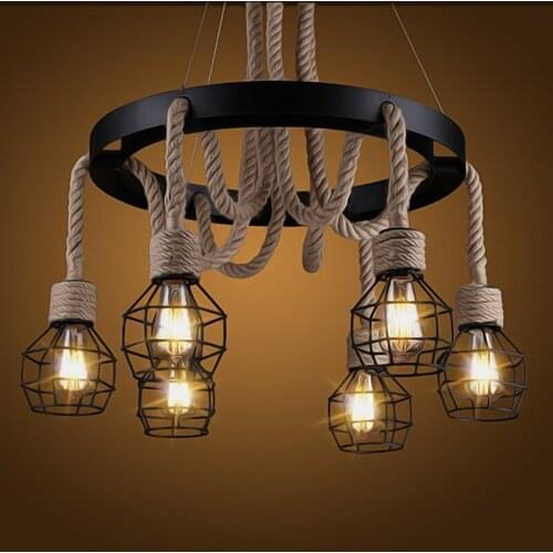 Vintage Industrial Pendant Lights 6 Heads Retro Loft Hemp Rope Fixtures For Home Lighting Edison Droplight Hanging Lamp PL673