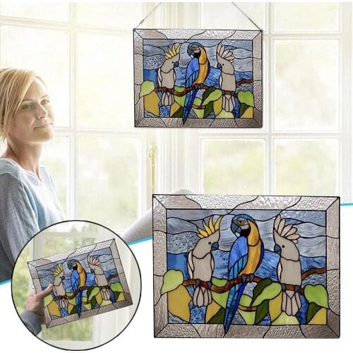 Stained Glass Window Panel Window Hangings 3 Parrots Acrylic Home Decor Pendant with Chain Handcrafted Wall Hangings XHC88