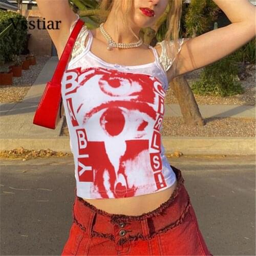 Vsstiar Tie Dye Crop Women Top 90S Y2K 2021 Summer Sleeveless Streetwear Camis Fashion Eye Print Sexy Tank Tops Club Party Vest