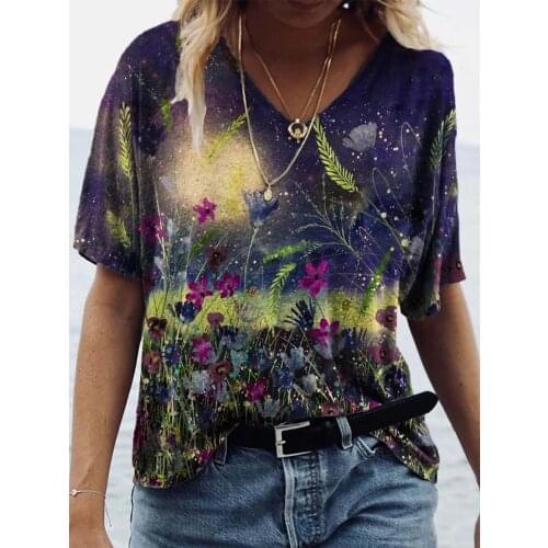 Casual Short Sleeve Loose Plus Size Tops Fashion Ladies Street V-Neck Summer Tee Tie Dye 3D Floral Print Women T Shirts
