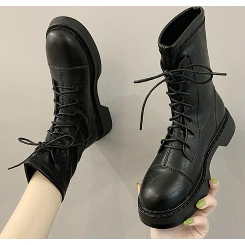 Two Style lace up botas mujer mid-calf boots women 2020 ins shoes british riding boots winter plush chunky heels femmes bottes