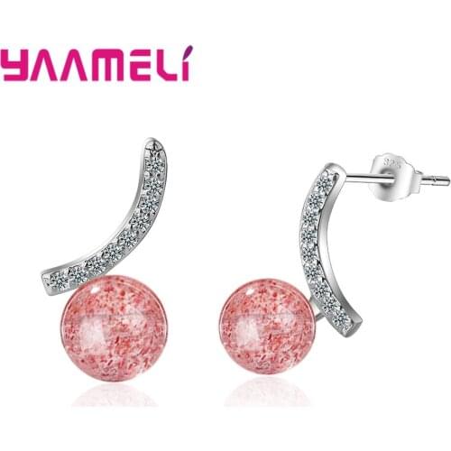 Shinny 925 Sterling Silver Cubic Zirconia Earring Lucky Pink Strawbeery Crystal Stud Earrings For Women Jewelry Dropshipping