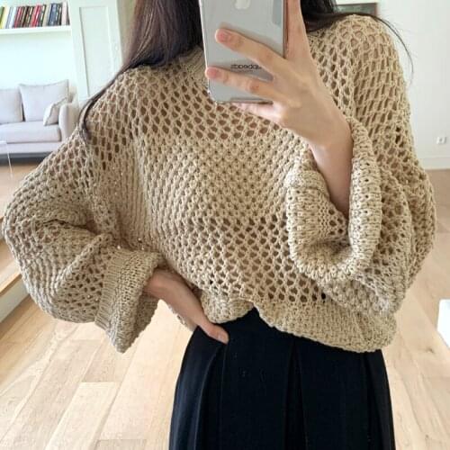 Autumn Hollow Out Knitted Tops Women 2021 New Korean Fashion Loose O-neck Solid Color Casual Knit Sweater Knitwear Pullovers