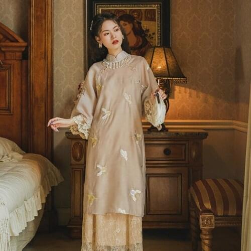 Vintage Butterfly Embroidery Improved Cheongsam Women National Style Lace Sling Dress Large Sleeve Cheongsam Top Two-piece Dress