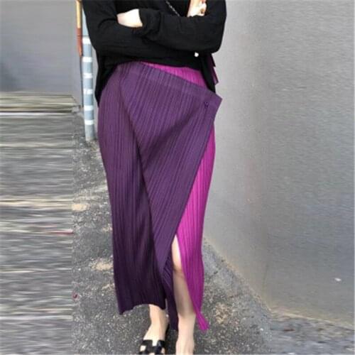 2021 Summer Pleated Skirt Two-color Stitching Split Purple Short Skirt Pleated Skirt Contrast Color Pleated Skirt Thin Skirt New