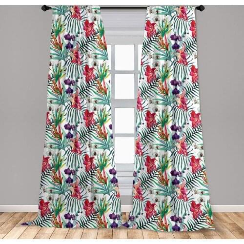 Watercolor Flower Window Curtains Tropical Wild Orchid Flowers with Palm Leaves Print Exotic Style Nature Lightweight Decorative