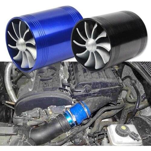 Car Turbo Charger Dual Fan Double Propeller Super Charger Gas Fuel Saver Universal For 65-74mm Air Intake Hose Aluminum Alloy