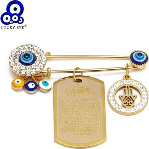 Lucky Eye Fatima Hamsa Hand Blue Turkish Evil Eye Brooch Pin Copper Gold Color Brooch for Women Men Girls Fashion Jewelry BE218