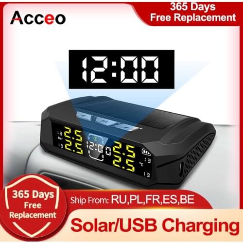 E-ACE K19 Solar Power TPMS Car Tire Pressure Alarm Monitor Electronic Clock LCD Screen Temperature Warning Security Monitor