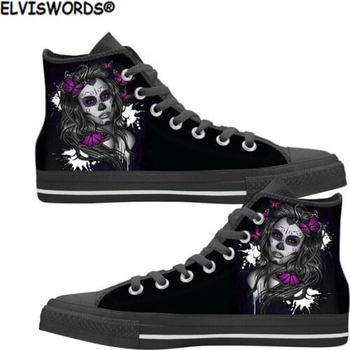 ELVISWORDS Floral Sugar Skull Printed Classic High Top Style Canvas Vulcanized Shoes for Women Comfortable Female Walking Shoes