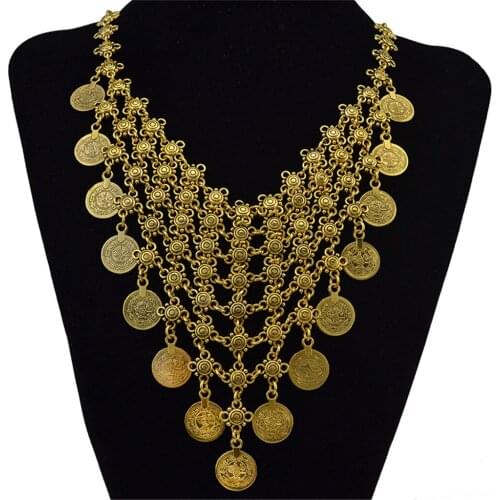 Tribal Turkish Boho Coin Fringed Tassel Pendant Gold Statement Necklace