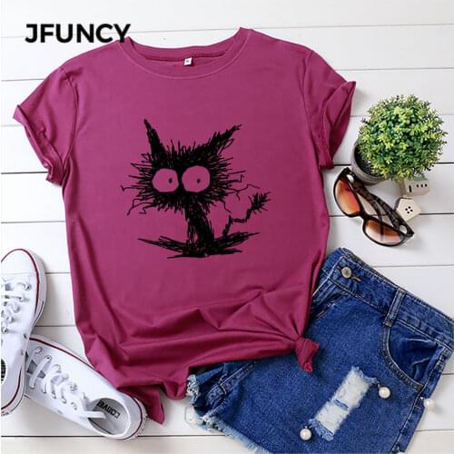 JFUNCY New Hiss Off Funny Cat Black Cat Funny Halloween Costume Doodle White T-Shirt Oversized S-5XL Outdoor Wear Tee Shirt