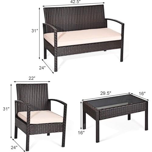 Costway 8PCS Patio Rattan Conversation Furniture Set Cushioned Seat Glass Table