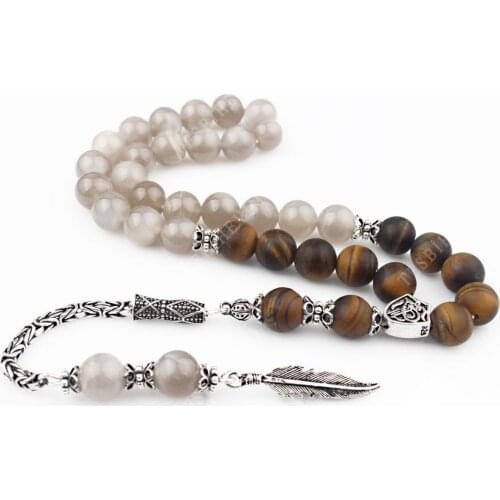 Natural Moonstone And Tigereye 925 Silver Tassel 33 Bead Prayer Tasbih Muslim Rosary Men Women Meditation Jewelry From Turkey