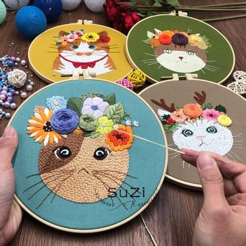 Creative DIY Embroidery Kits Cute Cats Handmade Embroidery Stitching with Hoop Art Needlework Modern Adults Craft Sewing