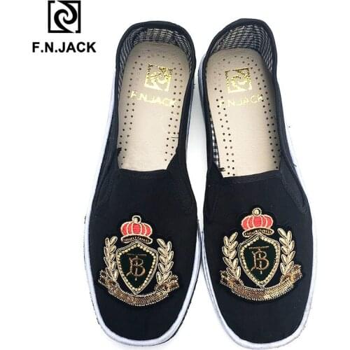 F.N.JACK Mens Canvas Shoes Classic Cotton Fabric Casual Loafers Round Toe Slip-on Vintage Pattern Mans Sneaker