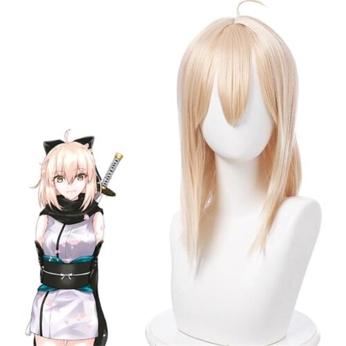 35cm Anime Game Fate/Grand Order Apocrypha Cosplay FGO Okita Souji Wig Role Playing Wigs Halloween Cosplay Long Golden Pink Hair