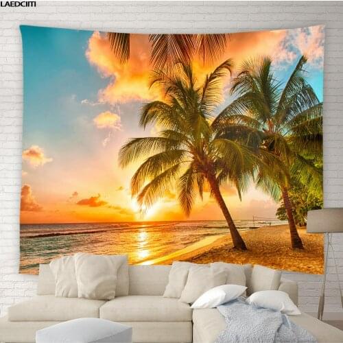 Ocean Scenery Tapestry Summer Natural 3D Photography Background Cloth Sunshine Beach Palm Tree Bedroom Wall Hanging Home Decor