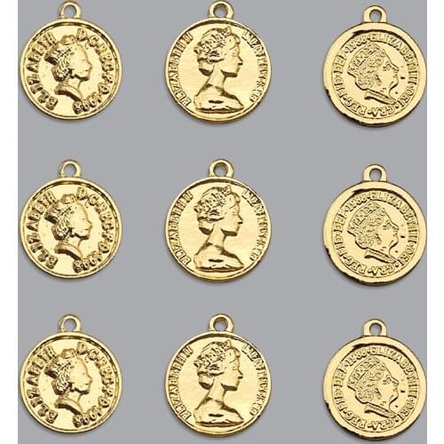10pcs Coin Charms Golden Zinc Alloy Round Shape Portrait Pendant For DIY Necklace Earring Handmade Jewelry Accessories Wholesale
