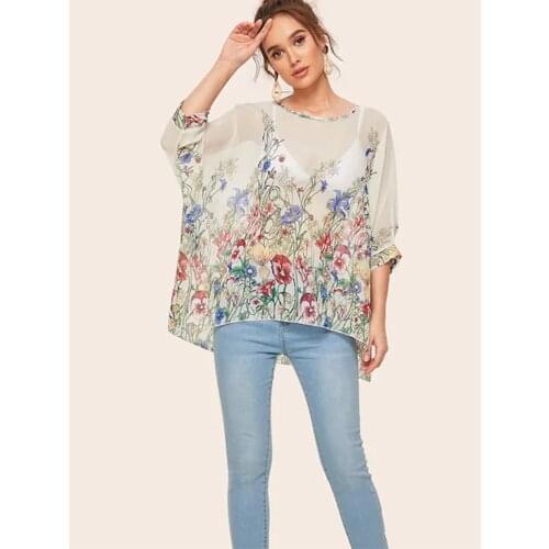 Transparent Tulle Blouse Embroidered Chiffon Female Womens White Fashionable Loose O-Neck Half Streetwear Casual 90s Harajuku