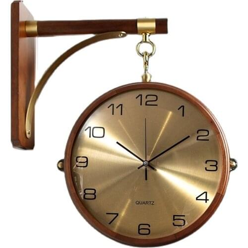 Luxury Double Sided Wall Clock Metal Silent Rotating Solid Wood Watch Modern Large Wall Clocks Home Decor Living Room Decoration