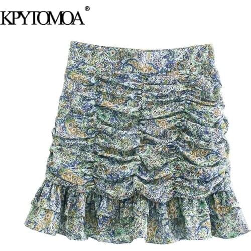 KPYTOMOA Women 2021 Chic Fashion With Ruffled Pleated Printed Mini Skirts Vintage High Waist Back Zipper Female Skirts Mujer