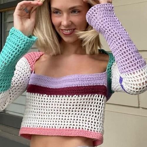 Y2K Aesthetic Autumn Knitted T-shirt Women Patchwork Hollow Out Long Sleeve Crop Top Pullovers E-girls Vintage 90s Streetwear