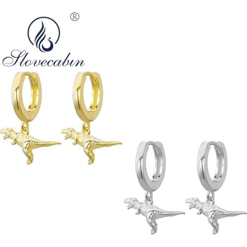 Slovecabin Authentic 925 Sterling Silver Dinosaur Dangle Smooth Hoop Earrings For Women Silver 925 Statement Women Jewelry