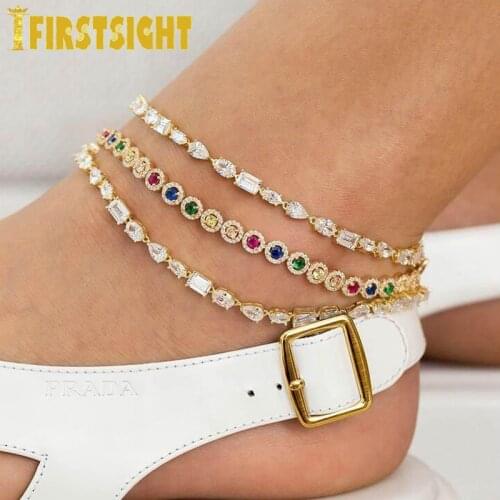 New Iced Out Bling CZ Paved Women Fashion Various Shaped Geometric Heart Round Square Marquise Oval Link Chain Anklet Jewelry