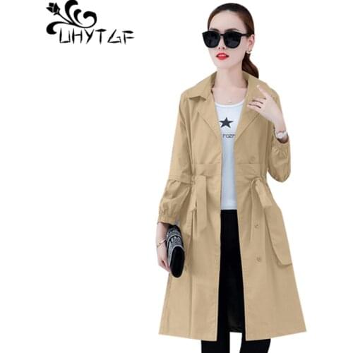 UHYTGF female trench coat Mid-length spring coat fashion stand collar belt slim autumn windbreaker women thin plus size coat 865