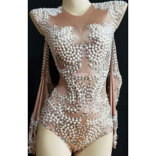 Sparkly Pearls Crystals Bodysuit Women One-piece Nude Outfits Celebrate Party Glisten Leotard Rhinestones Costumes Singer Wear