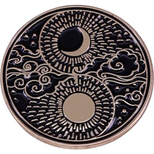 Sun Moon Cloud Stars Yinyang Badge Moon Shaped Enamel Pin Day and Night Round Brooch Accessory
