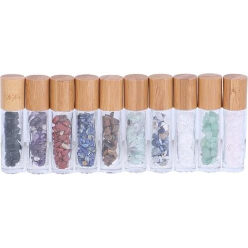 1pcs 10ml Natural Gemstones Essential Oil Roller Ball Bottles Transparent Glass With Bamboo Lid Caps